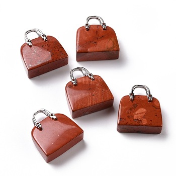Natural Red Jasper Brass Pendants, Platinum, Bag, 27.5x25x10mm, Hole: 6mm