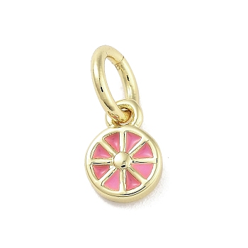 Rack Plating Brass Enamel Charms, with Jump Ring, Long-Lasting Plated, Cadmium Free & Lead Free, Lemon Slices Charm, Real 18K Gold Plated, Pink, 6x4.5x1.5mm, Hole: 3mm