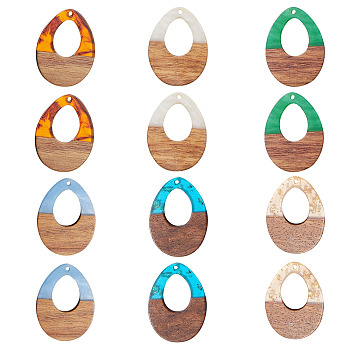 Transparent and Opaque Resin & Walnut Wood Pendants, Teardrop, Mixed Color, 37.5x28x3mm, Hole: 2mm, 6 colors, 2pcs/color, 12pcs/set
