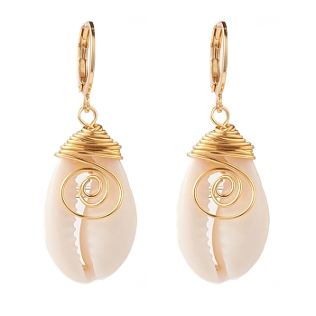 304 Stainless Steel Leverback Earrings, with Wire Wrapped Natural Cowrie Shell Beads, Golden, Bisque, 41mm, Pin: 0.7mm