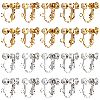 20Pcs 2 Colors Brass Clip-on Earring Findings, Components Screw Back Ear Wire Non Pierced Earring Converter, with Loop, for Jewelry Making, Golden & Silver, 17x14x5mm, Hole: 1.6mm, 10Pcs/color