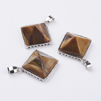 Natural Tiger Eye Pendants, with Brass Finding, Pyramid, Platinum, 28.5x32x13mm, Hole: 3.5x6mm