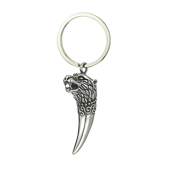 304 Stainless Steel Wolf Tooth Keychain, with Iron Split Key Rings, Antique Silver, 7.4cm