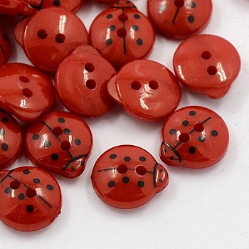 Acrylic Sewing Buttons, 2-Hole, Dyed, Ladybug, Dark Red, 13x12x4.5mm, Hole: 1mm