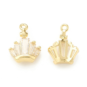 Clear Glass Pendnants, with Brass Findings, Crown Charms, Real 18K Gold Plated, 13x9.5x3.5mm, Hole: 1mm