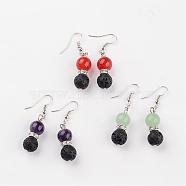 Natural Lava Rock Dangle Earrings, with Gemstone Beads, Brass Rhinestone Findings and Earring Hooks, 47mm, Pin: 0.6mm(EJEW-JE02053)