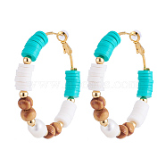 Brass Heishi Beaded Hoop Earrings, with Wood Beads, Natural Pearl Beads, Plastic Ear Nuts and Golden Plated Brass Beads, Cyan, 50mm, Pin: 0.7mm(EJEW-JE04087-04)