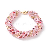 TOHO Japanese Seed & Lampwork Beaded Bracelet with Brass Magnetic Clasps, Crochet Nepal Rope Bracelet for Women, Pink, 6-1/4~7-3/4 inch(16~19.8cm)(BJEW-MZ00036-01)