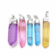 Natural Quartz Crystal Pointed Pendants, with Iron Findings, Plated Platinum, Nuggets, Dyed, Mixed Color, 49~59x7~14x7~13mm, Hole: 4x7mm(G-S279-23)