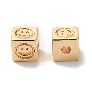 Brass Beads, Cube with Smiling Face Pattern, Real 18K Gold Plated, 4x4x4mm, Hole: 1.2mm(KK-G465-30G)