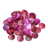 Spray Painted Natural Akoya Shell Charms, Mother of Shell, Flat Round Charms, Fuchsia, 13x1.5mm, Hole: 1mm(SHEL-F007-15A-08)