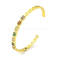 Brass Micro Pave Clear Cubic Zirconia Open Cuff Bangles, Colorful Glass Square Bangles for Women Men, Real 18K Gold Plated, Inner Diameter: 2 x 2-1/4 inch(5.15x5.75cm), 4mm(BJEW-Z062-26G)