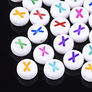 Initial Acrylic Beads, Horizontal Hole, Flat Round, Mixed Color, Letter.X, 7x3.5~4mm, Hole: 1.2mm, about 3700pcs/500g(OACR-E001-20X)