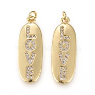 Brass Micro Pave Clear Cubic Zirconia Pendants, for Valentine's Day, Real 18K Gold Plated, Long-Lasting Plated, Oval, Clear, 25x9x2mm, Hole: 2.5mm(KK-K242-07G-02)