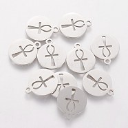 201 Stainless Steel Charms, Flat Round with Ankh Cross, Stainless Steel Color, 14x11.7x1mm, Hole: 1.5mm(STAS-S105-T182)