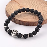 Natural Lava Rock Stretch Bracelets, with Lion Alloy Beads and Brass Findings, Antique Silver, 59mm(BJEW-JB02183-03)