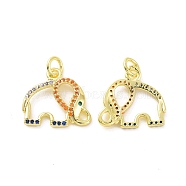 Brass Micro Pave Colorful Cubic Zirconia Pendants, with Jump Ring, Elephant Charm, Real 18K Gold Plated, 15x16x2mm, Hole: 3.2mm(KK-E068-VF105)