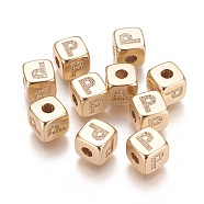 Brass Micro Pave Cubic Zirconia Beads, Horizontal Hole, Real 18K Gold Plated, Long-Lasting Plated, Cube with Letter, Clear, Letter.P, 9x9x9mm, Hole: 3.5mm(KK-K238-16G-P)