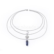 Bullet Natural Lapis Lazuli Pendant Tiered Necklaces, with Tibetan Style Alloy Findings and 304 Stainless Steel Findings, Packing Box, 16.4 inch(41.8cm), 2mm(NJEW-JN02457-03)