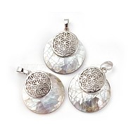 Shell Pendants, Spiritual Charms, with Platinum Tone Brass Findings, Flat Round with Flower of Life/Sacred Geometry, 32~32.5x28x7~7.5mm, Hole: 5x8mm(KK-F751-M-B03)