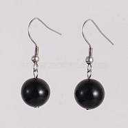 Round 304 Stainless Steel Natural Black Agate Dangle Earrings, 35mm, Pin: 0.8mm(EJEW-JE01973-03)