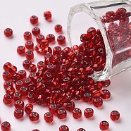 6/0 Glass Seed Beads, Silver Lined Round Hole, Round, Red, 4mm, Hole: 1.5mm, about 6639 pcs/pound(SEED-A005-4mm-25)