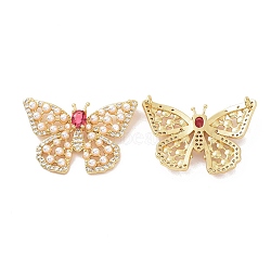 Brass Micro Pave Cubic Zirconia 2-Loop Pendants, with ABS Pearl, Butterfly Charm, Real 18K Gold Plated, 21.5x30.5x6mm, Hole: 1.4mm(ZIRC-I063-29G)
