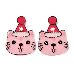 Christmas Themed Acrylic Cabochons, Cat with Christmas Hat, Pink, 31.5x23x2mm(X-MACR-P021-C07)