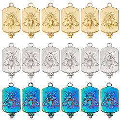 18Pcs 3 Colors 201 Stainless Steel Pendants, Rectangle with Bees, Mixed Color, 29x14x2mm, Hole: 2.5mm, 6pcs/color(STAS-DC0013-46)