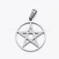 304 Stainless Steel Pendants, Flat Round with Star, Stainless Steel Color, 25.5x23x1.5mm, Hole: 5x3mm(STAS-H355-03P)