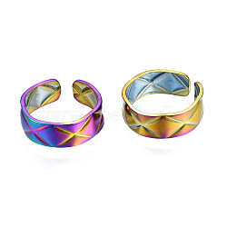 Rhombus Grooved Flat Cuff Rings, Wide Open Rings, Rainbow Color 304 Stainless Steel Ring for Women, Multi-color, US Size 6 3/4(17.1mm)(RJEW-N038-005)