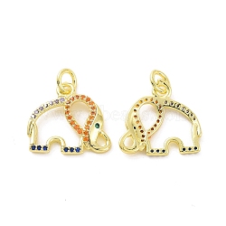 Brass Micro Pave Colorful Cubic Zirconia Pendants, with Jump Ring, Elephant Charm, Real 18K Gold Plated, 15x16x2mm, Hole: 3.2mm(KK-E068-VF105)