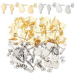 64Pcs 4 Sryle 201 Stainless Steel Stud Earring Findings, with Ear Nuts and 304 Stainless Steel Pins, Teardrop & Rhombus, Golden & Stainless Steel Color, 12~13x8.5~10mm, Hole: 1~1.5mm, Pin: 0.7mm, 16pcs/style(STAS-DC0011-34)