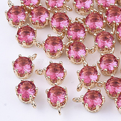 Transparent Glass Charms, with Brass Findings, Faceted, Crown, Light Gold, Deep Pink, 8.5x6x5mm, Hole: 1mm(GLAA-T007-17D)