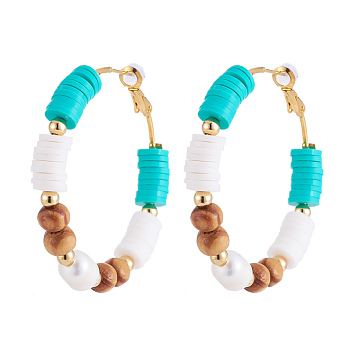 Brass Heishi Beaded Hoop Earrings, with Wood Beads, Natural Pearl Beads, Plastic Ear Nuts and Golden Plated Brass Beads, Cyan, 50mm, Pin: 0.7mm