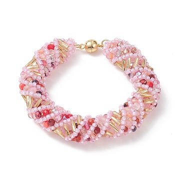 TOHO Japanese Seed & Lampwork Beaded Bracelet with Brass Magnetic Clasps, Crochet Nepal Rope Bracelet for Women, Pink, 6-1/4~7-3/4 inch(16~19.8cm)