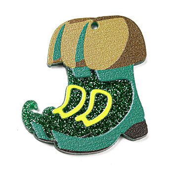 Opaque Printed Acrylic Pendants, with Glitter Powder, Saint Patrick's Day, Shoes, 36x35x2mm, Hole: 1.6mm