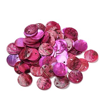 Spray Painted Natural Akoya Shell Charms, Mother of Shell, Flat Round Charms, Fuchsia, 13x1.5mm, Hole: 1mm