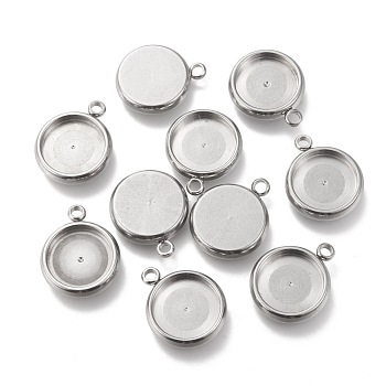 304 Stainless Steel Pendant Cabochon Settings, Flat Round, Stainless Steel Color, Tray: 10mm, 15x12x3mm, Hole: 1.8mm