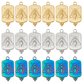 18Pcs 3 Colors 201 Stainless Steel Pendants, Rectangle with Bees, Mixed Color, 29x14x2mm, Hole: 2.5mm, 6pcs/color