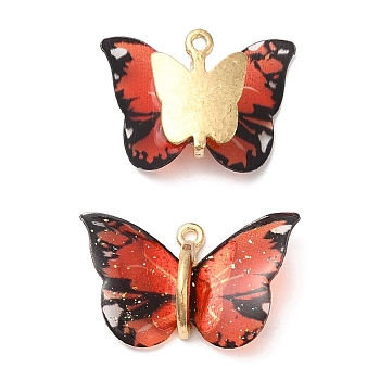 Transparent Resin Pendants, Butterfly Charms with Golden Plated Alloy Findings, Red, 17~18x21~24x7~7.5mm, Hole: 1.5mm