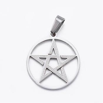 304 Stainless Steel Pendants, Flat Round with Star, Stainless Steel Color, 25.5x23x1.5mm, Hole: 5x3mm