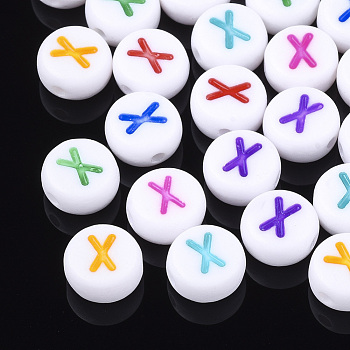Initial Acrylic Beads, Horizontal Hole, Flat Round, Mixed Color, Letter.X, 7x3.5~4mm, Hole: 1.2mm, about 3700pcs/500g