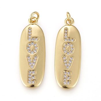 Brass Micro Pave Clear Cubic Zirconia Pendants, for Valentine's Day, Real 18K Gold Plated, Long-Lasting Plated, Oval, Clear, 25x9x2mm, Hole: 2.5mm