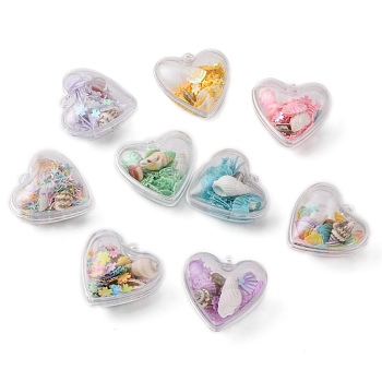 Openable Transparent Plastic Container Pendants, with Shell and Sequins, Heart, Mixed Color, 28.5x30x18mm, Hole: 1.6mm