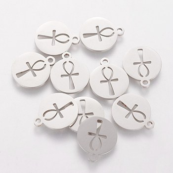 201 Stainless Steel Charms, Flat Round with Ankh Cross, Stainless Steel Color, 14x11.7x1mm, Hole: 1.5mm