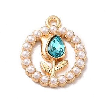 Rack Plating Alloy Glass Pandants, Nickel Free, with ABS Plastic Imitation Pearl, Flat Round with Flower Charms, Golden, Dark Turquoise, 20.5x17.5x4mm, Hole: 2mm