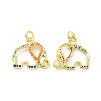 Brass Micro Pave Colorful Cubic Zirconia Pendants, with Jump Ring, Elephant Charm, Real 18K Gold Plated, 15x16x2mm, Hole: 3.2mm