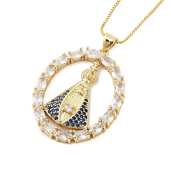 Brass Clear Cubic Zirconia Nossa Senhora Aparecida Pendant Necklaces for Women, Real 18K Gold Plated, Ring, 17.52 inch(44.5cm), Pendant: 34x27mm