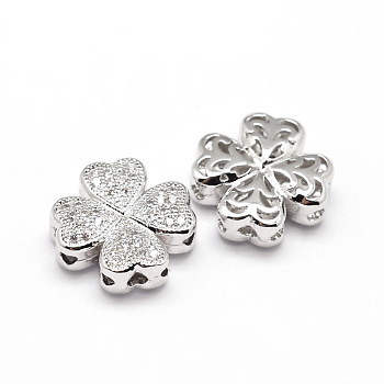 Clover Brass Micro Pave Cubic Zirconia Beads, Clear, Real Platinum Plated, 14x14x5mm, Hole: 1mm